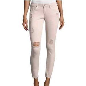 AG Farrah High Rise Skinny Ankle Distressed Raw Hem Jean in Light Pink